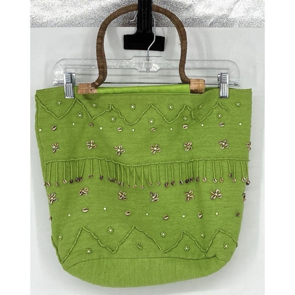 Wayan Natural Wears Wrapped Wooden Curved Handle Texture Green Fringe Shells Bag - Picture 2 of 12